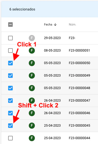 Selección múltiple de documentos contiguos en el listado