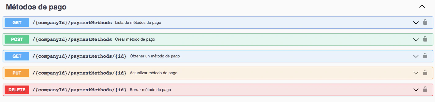 Documentación API sección métodos de pago