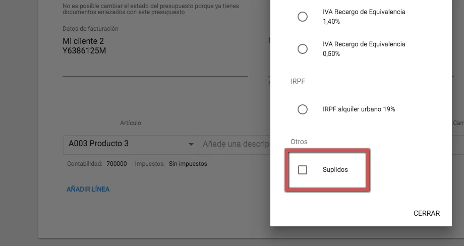 Suplido en factura de venta