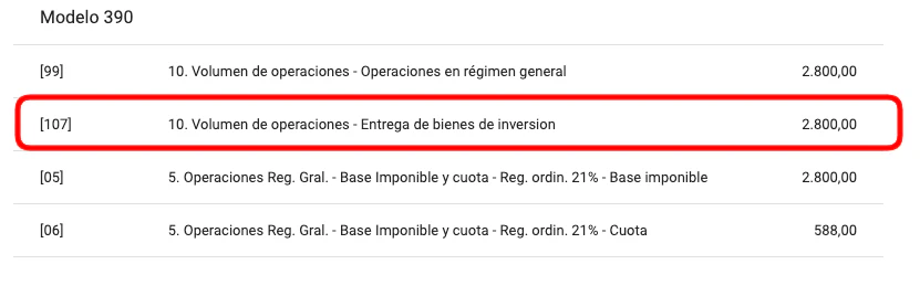 Información de la factura de venta de bien de inversión en el modelo 390