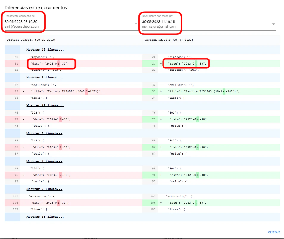 Diferencia entre documentos mostrando cambios en JSON
