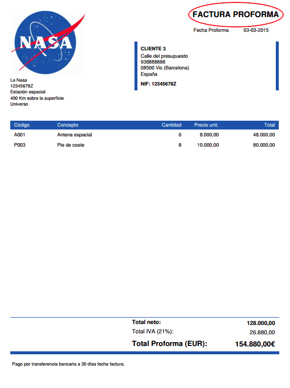 Modelo factura proforma FacturaDirecta