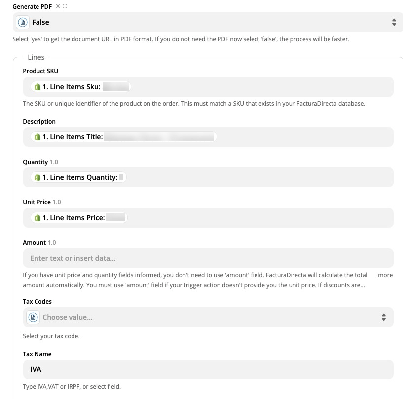 configuración campos shopify zapier facturaDirecta 4