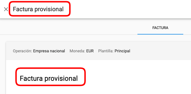 Identificación de factura provisional en la página de edición