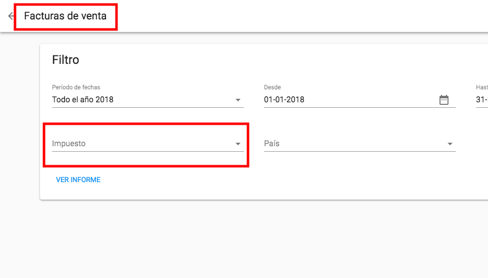 Desplegable impuestos informe ventas