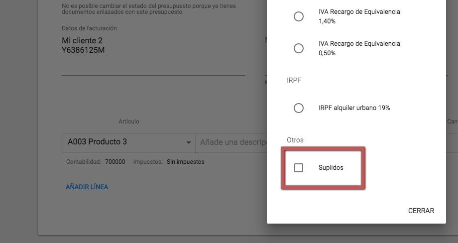 Suplido en factura de venta