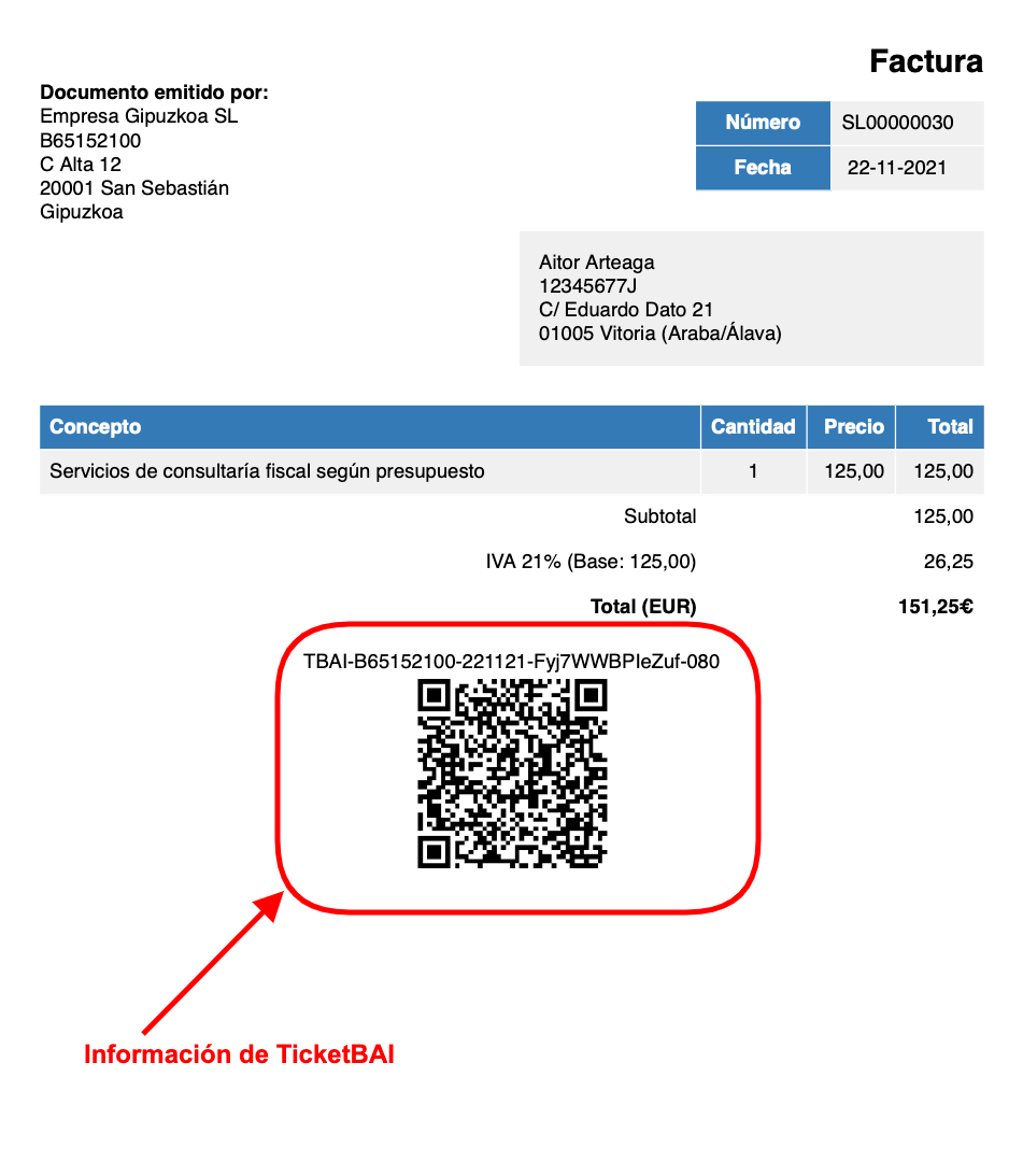 Ejemplo de una factura con el Identificativo y código QR de TicketBAI