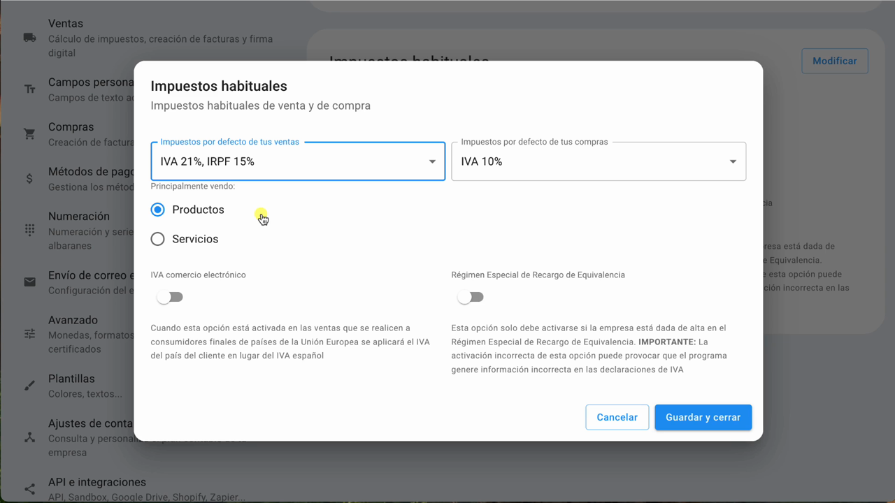 Configurar los impuestos por defecto