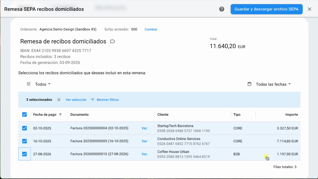 Crear una remesa de recibos domiciliados